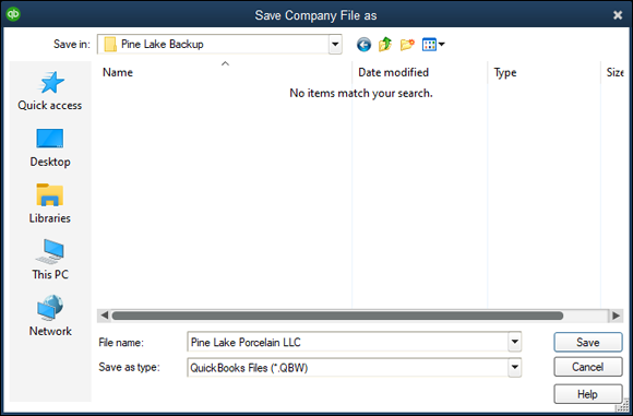 Snapshot of the Save Company File As dialog box.