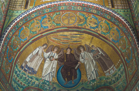 San Vitale: apse mosaic, Christ with two Archangels, San Vitale and Bishop Ecclesio with a model of the church.