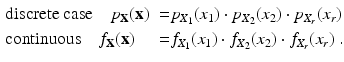 
 $$ \begin{aligned} &\hbox{discrete case}\quad
p_\textbf{X}(\textbf{x}) & = & p_{X_1}(x_1)\cdot
p_{X_2}(x_2)\cdot p_{X_r}(x_r) \\& \hbox{continuous}\quad
f_\textbf{X}(\textbf{x}) & = & f_{X_1}(x_1)\cdot
f_{X_2}(x_2)\cdot f_{X_r}(x_r)\ .\nonumber \end{aligned} $$
