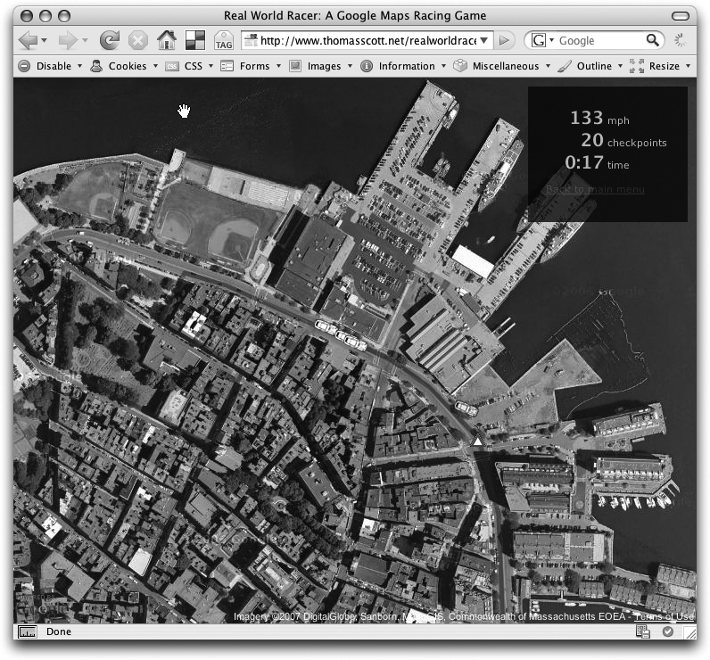 The game Real World Racer (www.thomasscott.net/realworldracer) merges JavaScript with Google Maps technology to let you race your way along any road in the world. The game tracks your speed, time, and the number of checkpoints you’ve crossed (in the top-right box). These are all examples of variables since they change value as the game goes on.