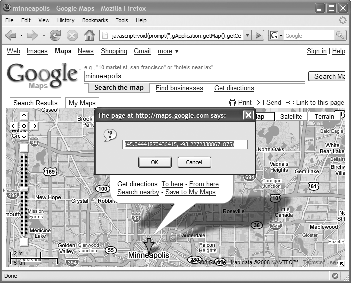 Every Google Map has a center point determined by a longitude and latitude value. For example, here you can see Minneapolis, Minnesota is located at a latitude of about 45° and a longitude of about –93°.