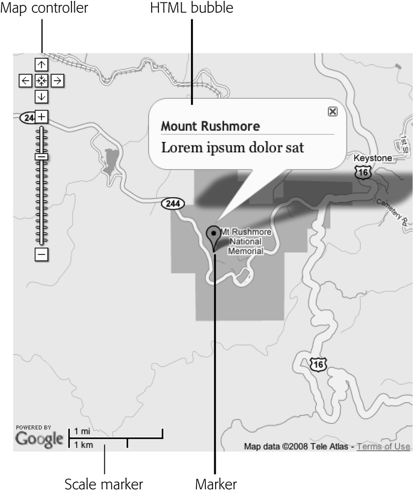 Beyond the map itself, a Google Map offers various controls and information markers that make it possible to zoom into a map, move the map within the window, determine the scale of the map, and pinpoint exact locations on the map.