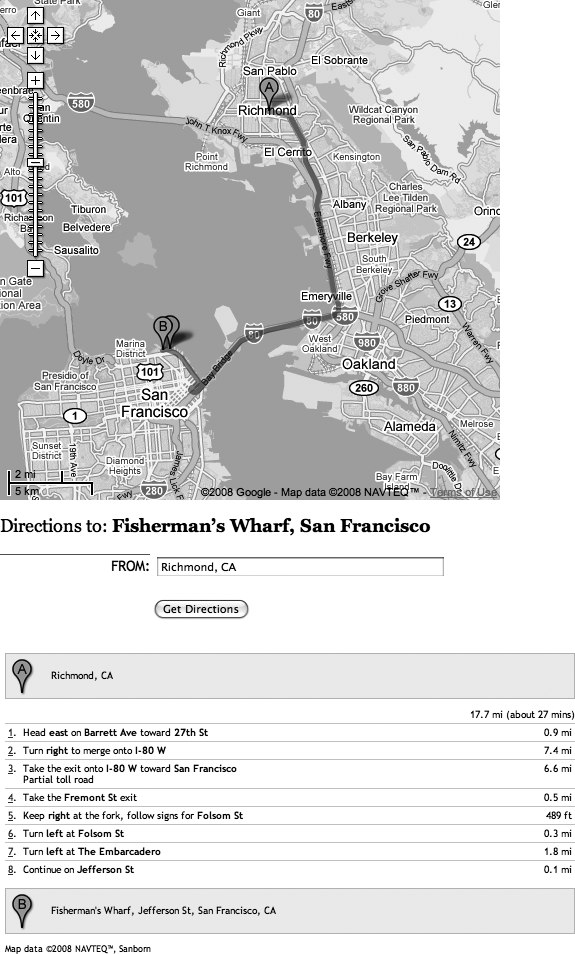 The jMaps plug-in not only lets you add Google Maps to a Web page, but also lets visitors get written driving directions from their location to your store or some other location you specify. To change the appearance of these directions, create descendent selector CSS styles based on the ID of the <div> used to hold the directions. For example, #directions p is a selector that formats all <p> tags inside another tag with an ID of directions.