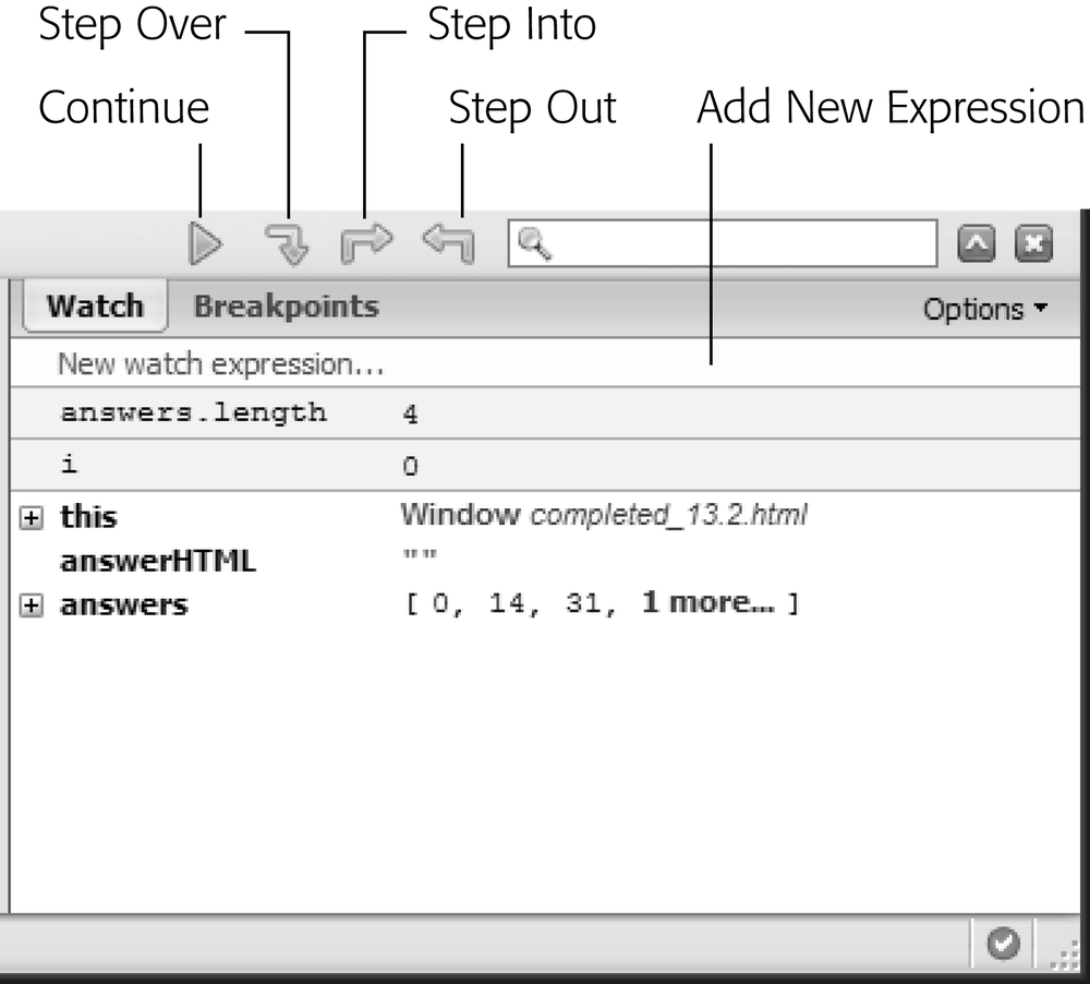 Firebug’s Watch list shows the value of different variables as the program runs. You can add your own expressions to the list, which appear as grey stripes at the top of the window.