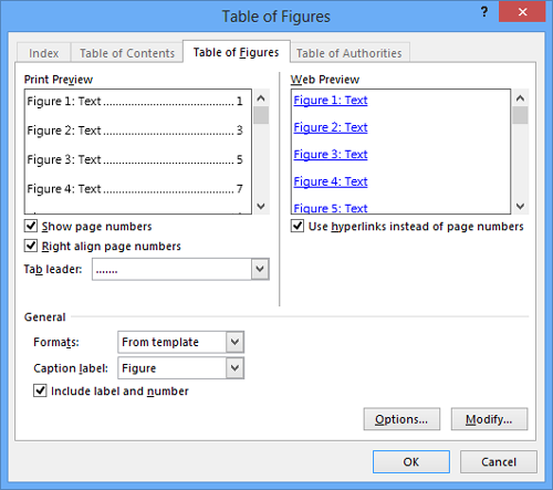 Screen shot of the Table Of Figures dialog box.