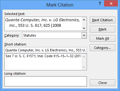 Screen shot of the Mark Citation dialog box.