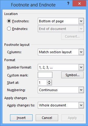 Screen shot of the Footnote And Endnote dialog box.