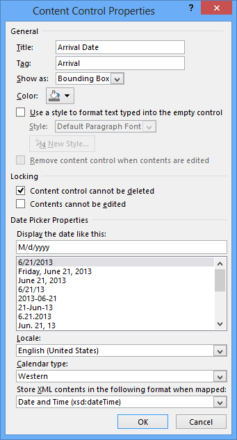 Screen shot of the Content Control Properties dialog box for a date-picker control.