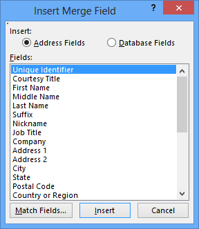 Screen shot of the Insert Merge Field dialog box.