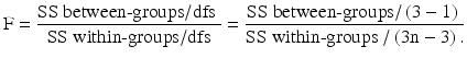 $$ \mathrm{F}=\frac{\mathrm{SS}\ \mathrm{between}\hbox{-} \mathrm{groups}/\mathrm{d}\mathrm{f}\mathrm{s}\ }{\mathrm{SS}\ \mathrm{within}\hbox{-} \mathrm{groups}/\mathrm{d}\mathrm{f}\mathrm{s}}=\frac{\mathrm{SS}\ \mathrm{between}\hbox{-} \mathrm{groups}/\left(3-1\right)\ }{\mathrm{SS}\ \mathrm{within}\hbox{-} \mathrm{groups}\ /\left(3\mathrm{n}-3\right).} $$