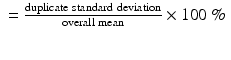 $$ \begin{array}{c}=\frac{\mathrm{duplicate}\kern0.24em \mathrm{standard}\kern0.24em \mathrm{deviation}}{\mathrm{overall}\;\mathrm{mean}}\times 100\kern0.22em \%\\ {}\kern11em \end{array} $$