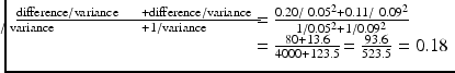 $$ \begin{array}{ll}\frac{\mathrm{difference}/\mathrm{variance}\kern1.2em + \mathrm{difference}/\mathrm{variance}\kern0.5em }{\kern-4.1em 1/\ \mathrm{variance}\kern4.65em + 1/\mathrm{variance}}& \kern-0.90em =\frac{0.20/\ 0.0{5}^2 + 0.11/\ 0.0{9}^2}{1/0.0{5}^2 + 1/0.0{9}^2}\hfill \\ {}& \kern-0.85em =\frac{80+13.6}{4000+123.5}\kern-0.15em =\frac{93.6}{523.5}=0.18\hfill \end{array} $$