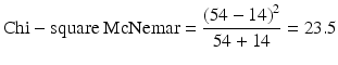 $$ \mathrm{Chi}-\mathrm{square}\ \mathrm{McNemar} = \frac{{\left(54-14\right)}^2}{54+14}=23.5 $$