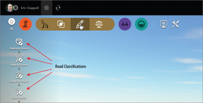 Screenshot of the InfraWorks interface presenting icons for road classifications, such as highway roads, arterial roads, collector roads, and local roads.