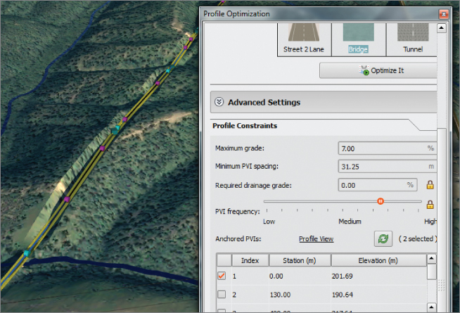 Screenshot of the Profile Optimization panel containing advanced settings for profile constraints. Behind the panel is an aerial view of the highlighted road with gizmos.