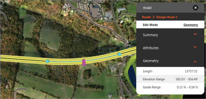 Screenshot of the aerial highlighted view of the road in between plains. Gizmos along the road are circular. The Geometry section of Road asset card is displayed.