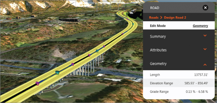 Screenshot of gizmos on a highlighted road and a bridge over a river. Road asset card is displayed on the right.