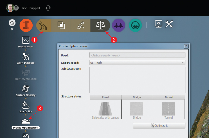 Screenshot of InfraWorks 360 interface presenting sequence to launch Profile Optimization dialog. Icons Roadway Design, Review and Modify, and Profile Optimization are numbered from 1 to 3, respectively.