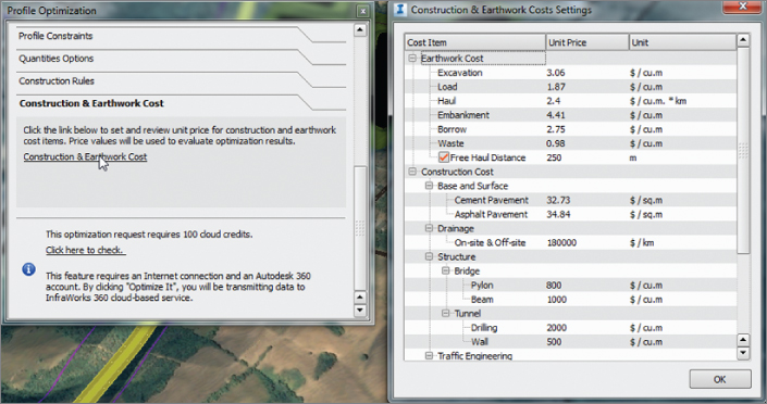 Screenshot of a Profile Optimization panel (left), with a cursor on the Construction and Earthwork Cost link, and a Construction and Earthwork Cost Settings panel (right). 