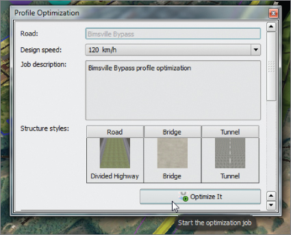 Screenshot of a Profile Optimization panel with road name, design speed, job description, and structure styles. Cursor points the Optimize It button, displaying a tooltip stating “Start the optimization job.”