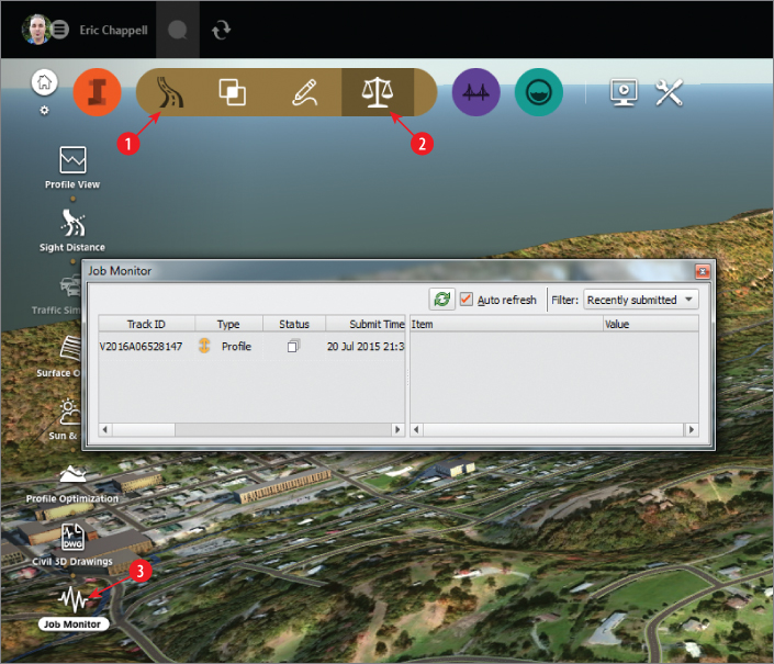 Screenshot of InfraWorks interface presenting sequence to launch Job Monitor panel (displayed). Road icon, Analysis icon, and Job Monitor icon are labeled 1 to 3, respectively.