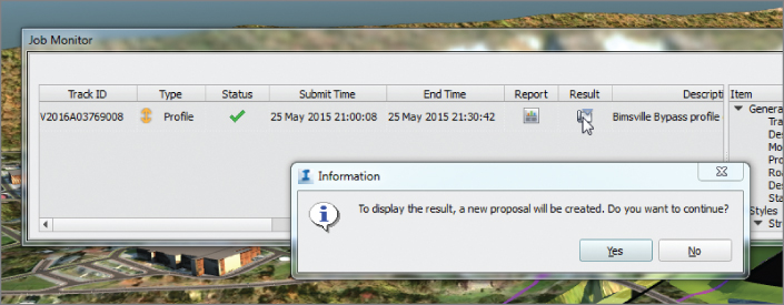 Screenshot of a Job Monitor panel with a cursor on the Result button. An Information prompt is displayed to create new proposal to display the result.