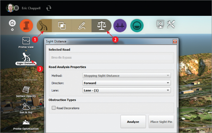 Screenshot of the InfraWorks interface presenting sequence to launch Sight Distance panel (displayed). Roadway Design icon, Review icon, and Sight Distance icon are labeled 1 to 3, respectively.