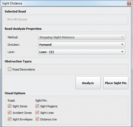 Screenshot of the Sight Distance dialog with road analysis properties, obstruction types, visual options for the selected road and Analyze and Place Sight Pin buttons.