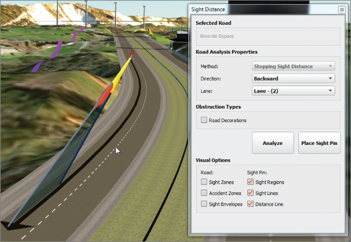 Screenshot of sight distance of the sight pin with the Sight Distance panel displayed on the right. In the Visual Options section, all check boxes under Sight Pin group are checked.