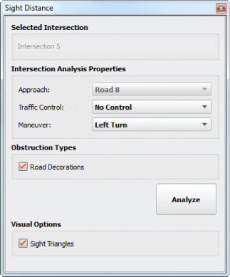 Screenshot of the Sight Distance panel with marked check boxes for Road Decorations under Obstruction Types section and Sight Triangles under Visual Options section.