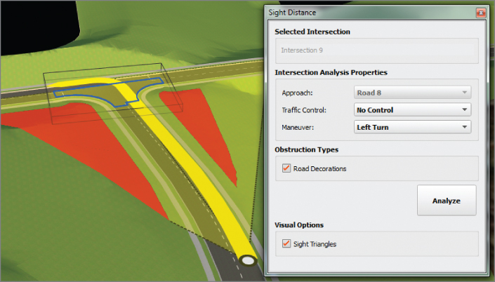 Screenshot of sight triangle with an obstruction on both sides. On the right is a Sight Distance dialog box displaying intersection analysis properties.