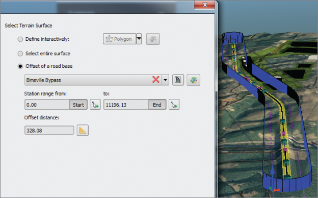 Screenshot of the Select Terrain Surface section presenting selected option “Offset of a road base” with fields for station range and offset distance. A preview of the enclosed road base is on the right.