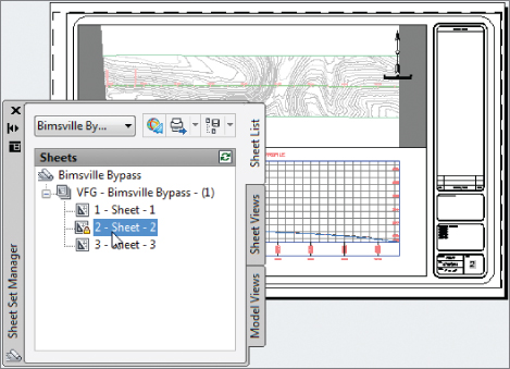 Screenshot of the Sheet Set Manager panel with three palettes under VGF Bimsville Bypass node of the Sheet List tab. Sheet 2 is displayed behind the panel.