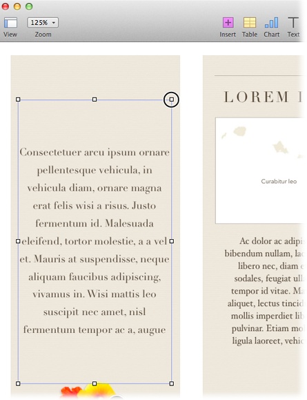 Clicking once on a text box selects the entire box, as shown here. You can then drag the text box to a new location, or resize it by grabbing one of the eight square handles around the box’s perimeter (the upper-right handle is circled here). Double-click the text itself to place your cursor inside the text box, and click anywhere outside the box to deselect the text box completely. For more about selecting and editing text boxes, see page 148.