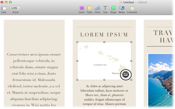 Media placeholders—which can contain photos, music files, and videos—are easy to identify because they have little icons in their bottom-right corners (circled). To replace a placeholder image, simply drag a new image onto it. When you drop the new picture on top of the placeholder, Pages makes the switch. You can drag pictures onto the placeholder from your desktop or directly from your iPhoto collection, as explained below.