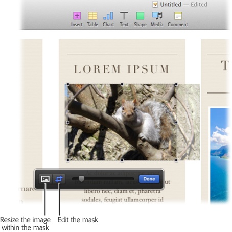 Editing a mask lets you change which part of the picture you reveal and which parts you keep hidden. Zoom the image in or out by dragging the slider next to the Edit Mask button. You may also want to try resizing the image within the mask by clicking the Resize button and then using the selection handles (which turn black to let you know that you’re editing the image and not the mask). When you put your cursor over the image, the cursor turns into a hand, and you can then drag the image to a new position behind the mask.If you accidentally drag the picture while mucking around with the mask controls, you can undo this change by pressing ⌘-Z or choosing Edit→Undo.
