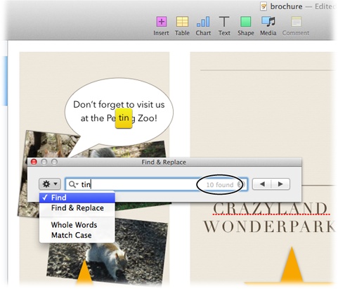 You can search for specific words using this dialog box. Enter your search term, and Pages shows you how many matches it found (circled). Click the dialog box’s arrows to move back and forth among the results, and use the gear menu shown here to fine-tune what matches you see. For example, you can tell Pages to find only words that match the case of your search term.