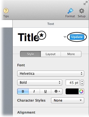 If you select an entire paragraph and then make formatting changes such as the font color, size, or typeface, an Update button appears next to the style’s name (circled, right). When you change the formatting of text (whether it’s a single letter or an entire paragraph) that has a paragraph style applied to it, an asterisk appears instead (circled, left). If you’ve done both, then you see both the Update button and an asterisk, as is the case here.