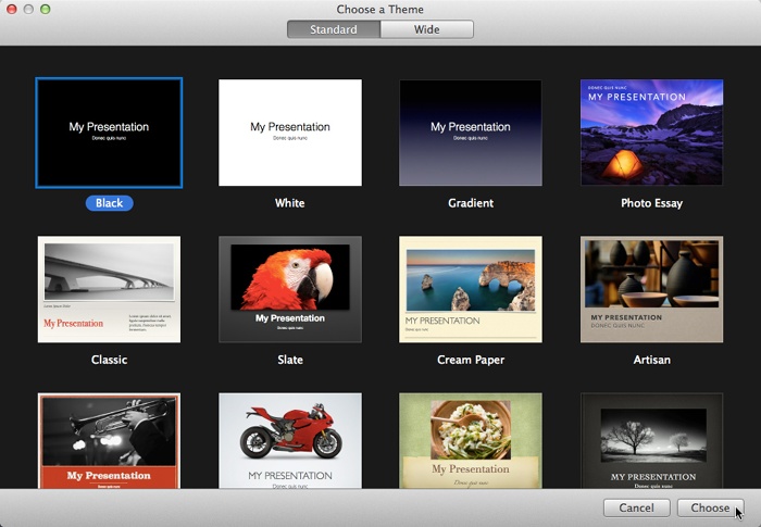 The look and feel of your presentation depends on which theme you choose. Keynote comes with 30 Apple-designed themes, and you can also create your own or purchase themes from third-party designers. When you spot a theme you want to use, click it and then click Choose, or simply double-click the theme’s thumbnail.