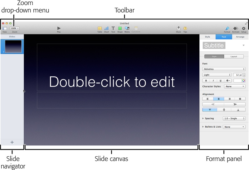 The slide you’re editing occupies center stage in the slide canvas. The slide navigator displays thumbnail images of each slide in the presentation when in Navigator view, or an outline of your slides’ text when in Outline view (see page 296 for more on views). Adjust the slide canvas’ display size using the Zoom drop-down menu—when you’re working on a small screen, for example, choose “Fit in Window.”