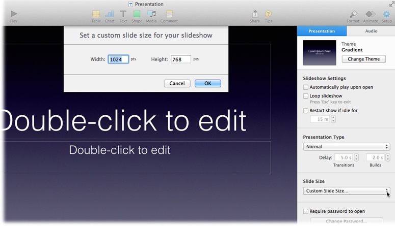 Choose a size for your slides by going to the Setup panel’s Presentation tab and opening the Slide Size drop-down menu (where the cursor is here). You can choose from Standard, Widescreen, or Custom Slide Size to open the “Set a custom slide size…” window (as shown here).