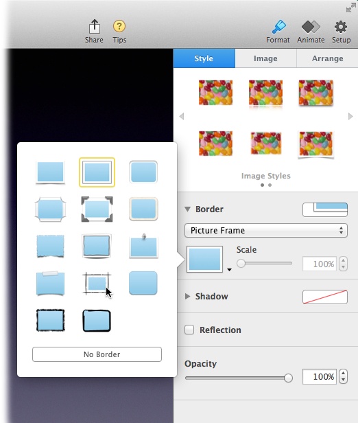 Keynote makes it easy to add a picture frame to a photo, text box, shape, or movie. Click the object once to reveal its selection handles, and then open the Format panel’s Style tab. Click the Border heading to expand that section, open the drop-down menu, and then select Picture Frame. You can then click the Border section’s thumbnail to open the menu shown here, where you can choose a frame style. (See page 166 for more info about creating border effects.)