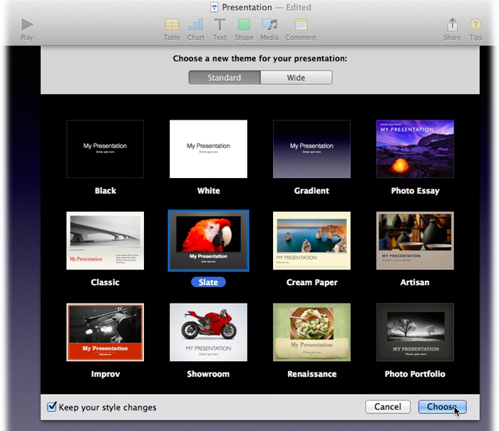 The Theme Chooser makes an appearance when you click the Presentation tab’s Change Theme button (or choose File→Change Theme). If you turn off the “Keep your style changes” checkbox, then everything on the slides in your slideshow gets the new look. Leave “Keep your style changes” turned on if you want to preserve any formatting changes you’ve made to your slides.
