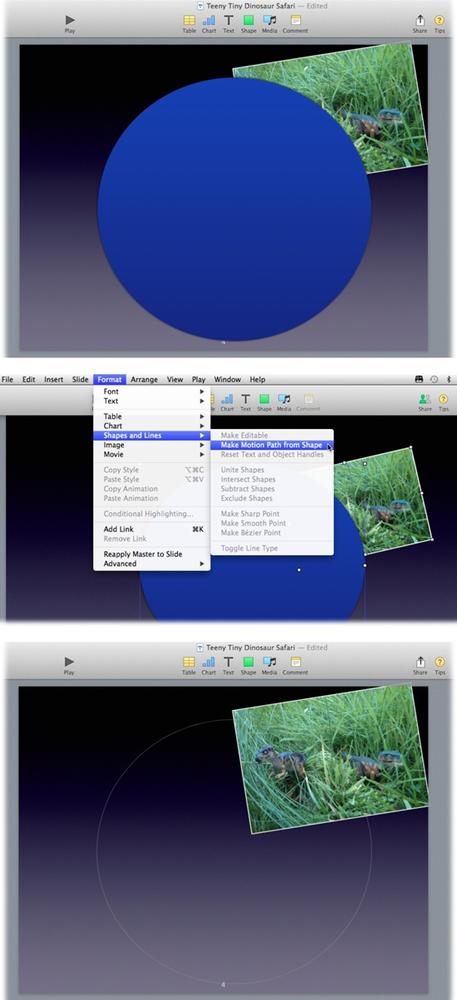 You can use a shape to set an object’s course in an action build. For example, say you want an image to spin around the outline of a circle.Top: Start by adding both objects to your slide.Middle: Shift-click the circle and the image to select both, and then choose Format→“Shapes and Lines”→“Make Motion Path from Shape.” Keynote asks you to confirm which shape to use as the motion path, so give the circle a click.Bottom: Keynote adds a move action build to the image, tracing the outline of the original circle, but the circle is still in the way (it covers part of the image). You can make this pesky shape as good as gone by clicking the Format button in the toolbar, opening the Style tab, and then setting the circle’s Opacity to zero. The result is a transparent circle, as shown here.