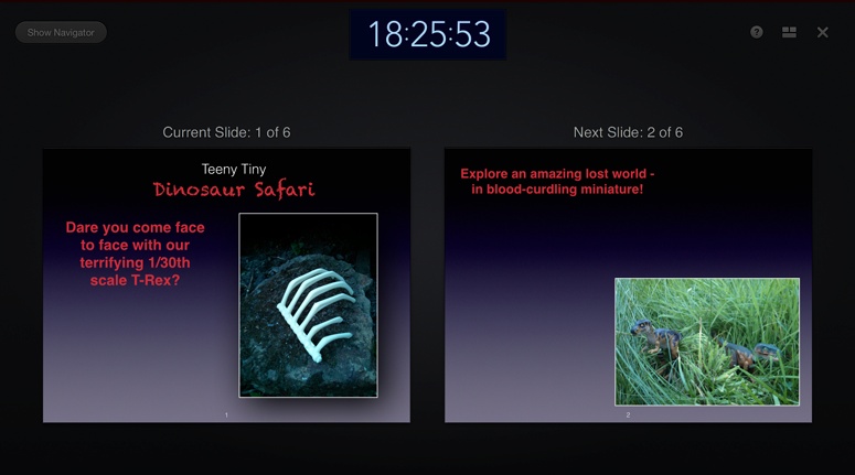 Using Keynote’s standard settings, the presenter display shows you the current slide and the next slide (or the next build, if your slide has builds); basically, it shows you what to expect when you next click the mouse, hit the space bar, or tap one of the arrow keys. If the current slide has builds, Keynote lists how many builds are left before you advance to the next slide (not shown here). The clock at the top helps you keep track of the current time so you don’t waffle on past your allocated time slot!