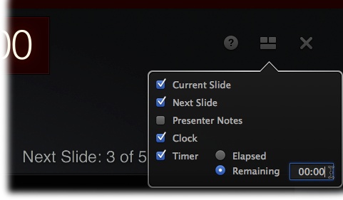 Open this drop-down menu to add and remove elements from the presenter display. These elements include the current slide and next slide, the presenter notes, the current time, and the time elapsed since you launched your presentation.