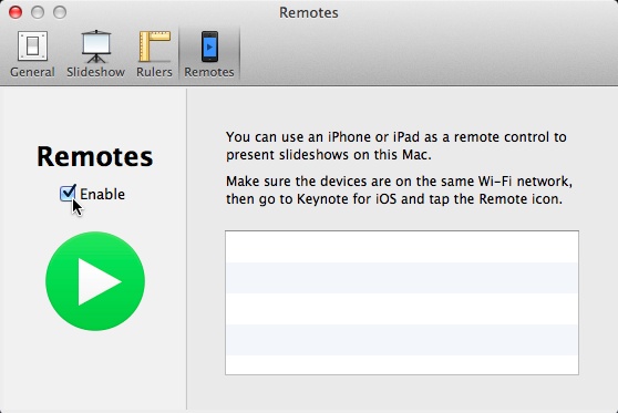 To connect your iDevice to your Mac, your Mac has to be ready to receive information from your iDevice. In Keynote for Mac, go to Keynote→Preferences→Remotes, and make sure the Enable checkbox is turned on.