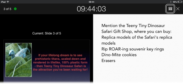 When you control a slideshow with your iDevice, you can switch among several different views by tapping the Options button indicated here. This screenshot shows “Current and Notes” view.