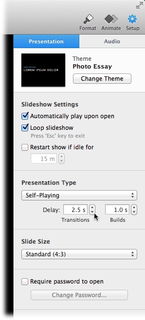 In the Setup panel’s Presentation tab, open the Presentation Type drop-down menu and pick Self-Playing to turn your presentation into a timed slideshow. Set how long Keynote should wait between transitions and builds using the aptly named Transitions and Builds fields.You can override these settings for individual slides using the Animate panel’s various tabs.