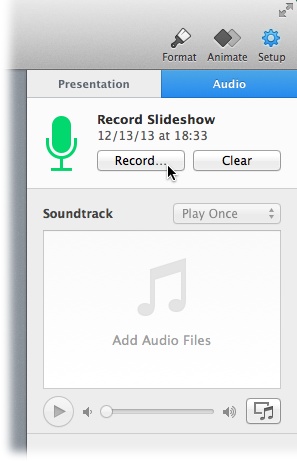 After you create the narration for a recorded slideshow, the Audio tab shows that there’s a saved recording.If you’re not pleased with how the narration turned out, you can delete your recording by clicking Clear. If you click Record, Keynote launches into record mode with your current recording already loaded up. If you hit the Record button in record mode, Keynote records over your current audio track.